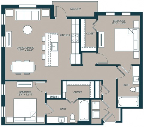 2 bedroom floorplan with 1235 square feet at McKinney Village, McKinney, TX
